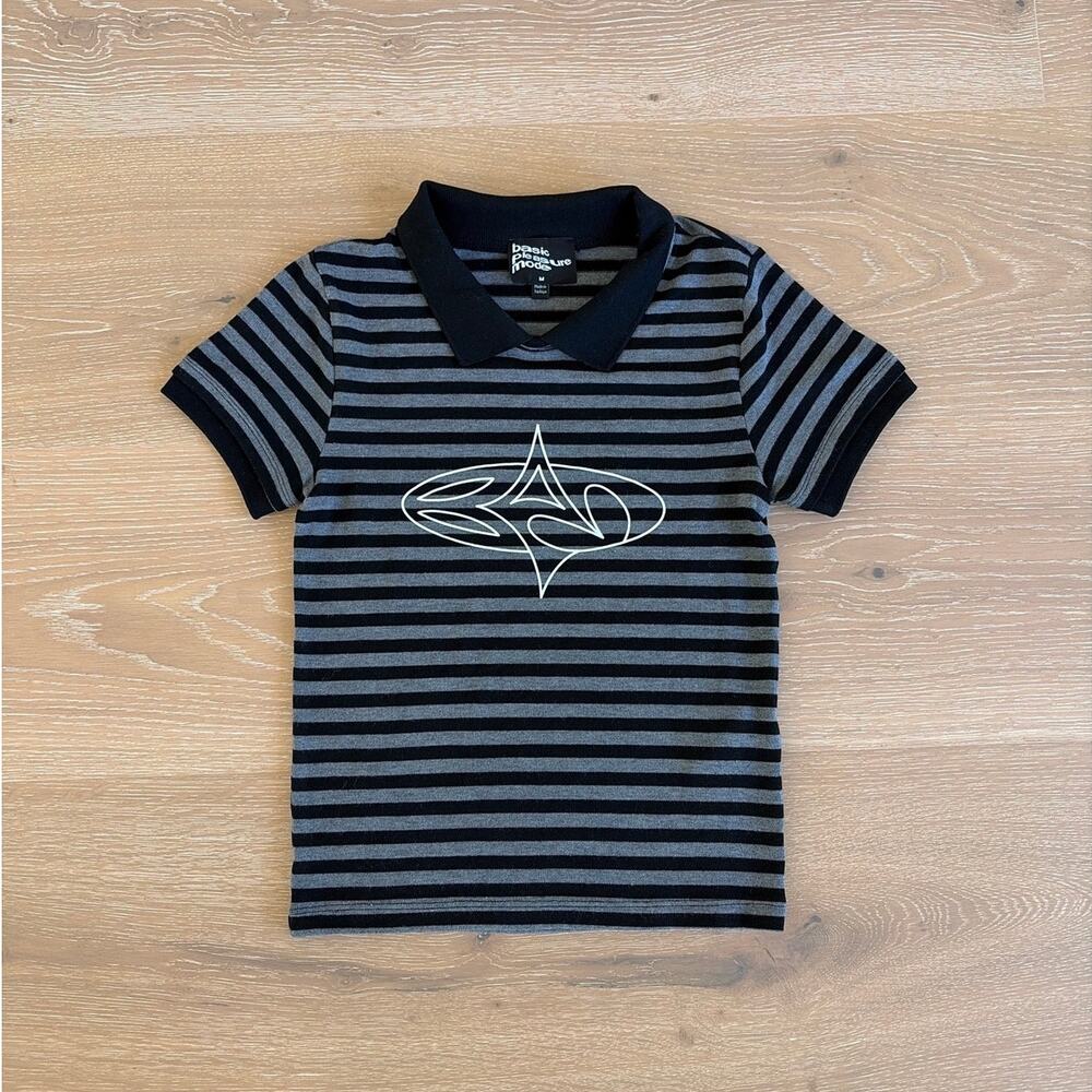 Basic Pleasure Mode Stripe Polo Tee Penelope Size M Black Gray White